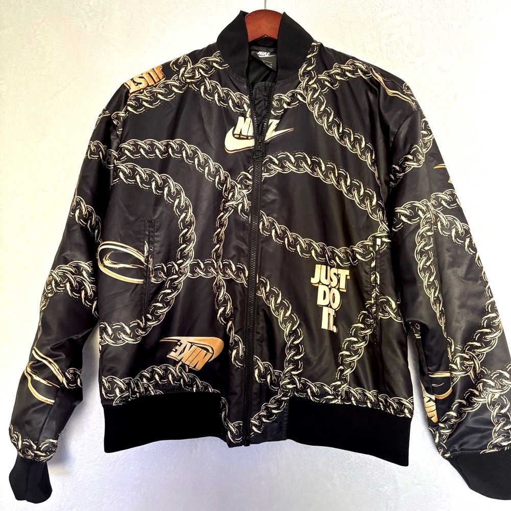 Nike Women’s Glam Satin Black Gold Chain Puffer Bomber Jacket Size Medium